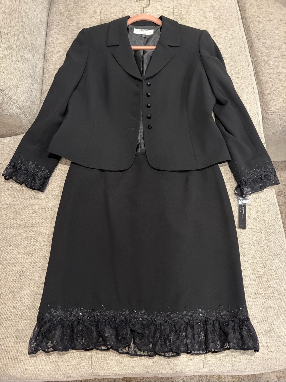 Tahari Black Lace-Trim Skirt Suit